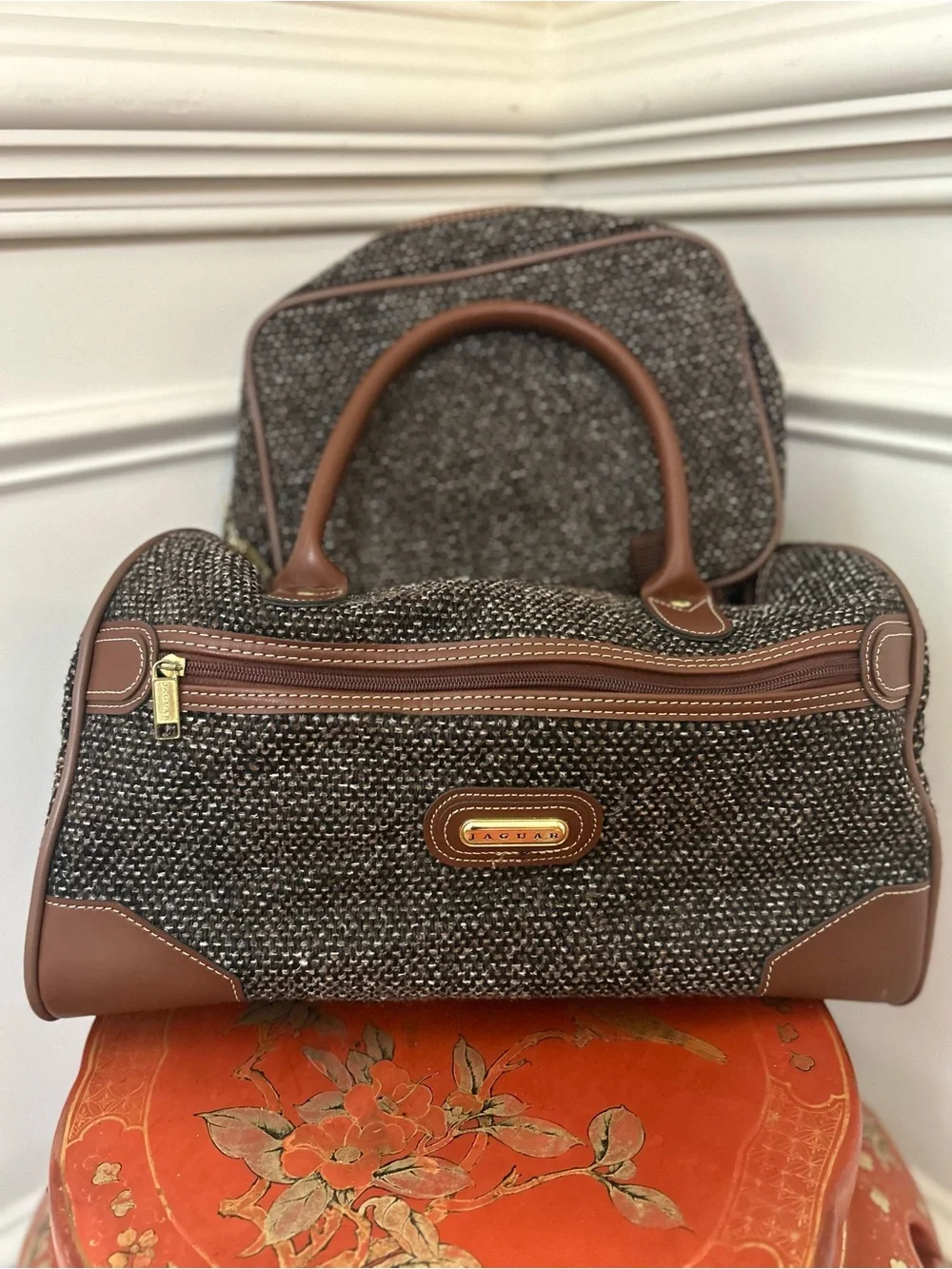 Textured Brown and Tan 2 piece Travel Satchel Bag Set by Jaguar
